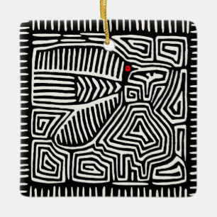 Adorno De Cerámica Panamá Kuna India Mola Pajaro - Blanco negro