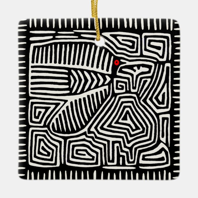 Adorno De Cerámica Panamá Kuna India Mola Pajaro - Blanco negro (Anverso)