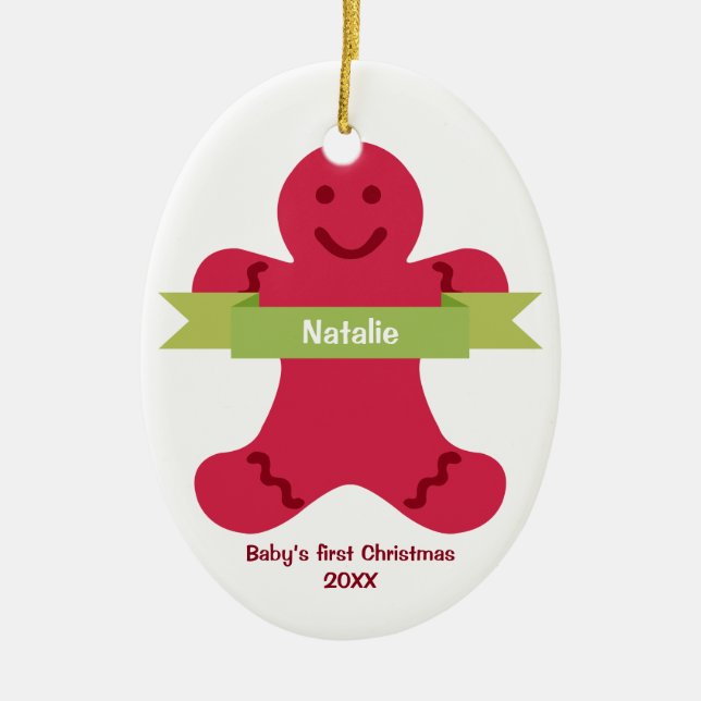Adorno De Cerámica Pancarta verde de pan de jengibre rojo nombre bebé (Frente)