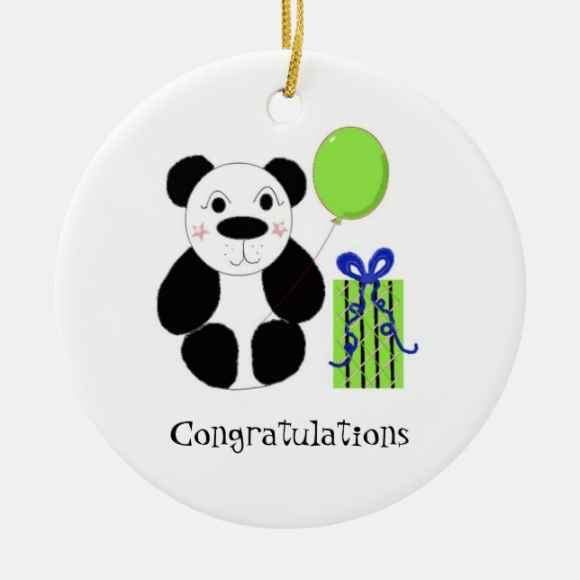 Adorno De Cerámica Panda Bear con felicitaciones en globo (Frente)