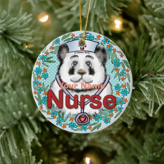 Adorno De Cerámica Panda Bear Nurse custom name ornament (Árbol)
