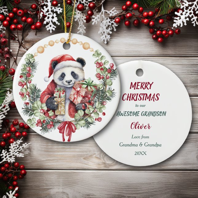 Adorno De Cerámica Panda Bear Wreath Grandson Navidades (Subido por el creador)
