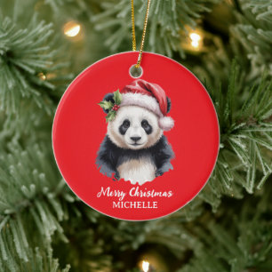 Adorno De Cerámica Panda Oso Navideño Feliz Personalizado