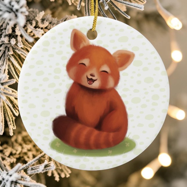 Adorno De Cerámica Panda rojo (A cute red panda smiling, hand-painted on a christmas bauble for the tree.)