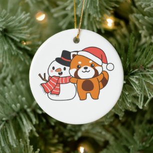 Adorno De Cerámica Panda Rojo Con Snowman En Invierno Para Navidades