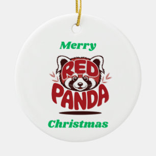 Adorno De Cerámica Panda Rojo Feliz Navidad