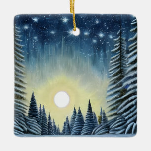 Adorno De Cerámica Panorama De Nieve Evergreen Bajo Las Estrellas Noc