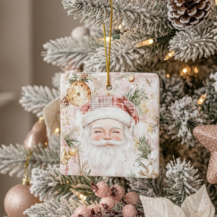 Adorno De Cerámica Papá Noel acuarela dorado rosa Navidad vacaciones