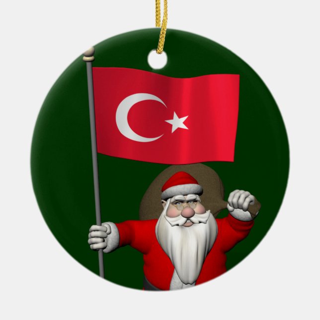 Adorno De Cerámica Papá Noel Adorable Con Bandera De Turquía (Frente)