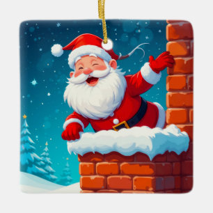 Adorno De Cerámica Papá Noel agitando alegremente en la chimenea