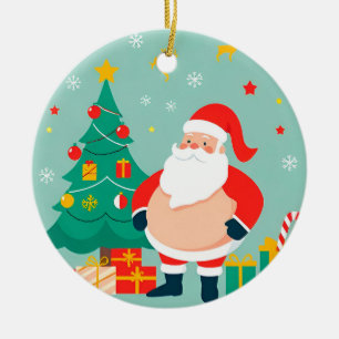 Adorno De Cerámica Papá Noel con árbol de Navidad y regalos