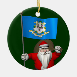 Adorno De Cerámica Papá Noel con Estandarte de Connecticut