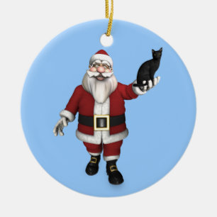 Adorno De Cerámica Papá Noel con gato negro