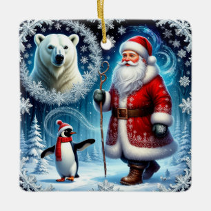 Adorno De Cerámica Papá Noel con oso polar y pingüino