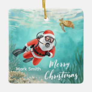 Adorno De Cerámica Papá Noel de Navidad buceando con tortuga