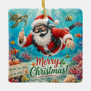 Adorno De Cerámica Papá Noel de Navidad de buceo con tortuga