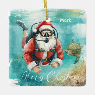 Adorno De Cerámica Papá Noel de Navidad de buceo con tortuga