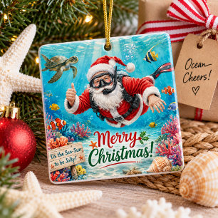 Adorno De Cerámica Papá Noel de Navidad de buceo con tortuga