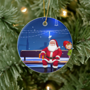 Adorno De Cerámica Papá Noel en el banco de Park