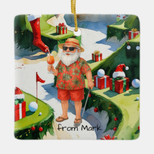 Adorno De Cerámica Papá Noel está jugando golf en el campo de golf en