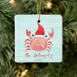 Adorno De Cerámica Papá Noel Gorro Cangrejo Rojo Acuarela Playa Navid