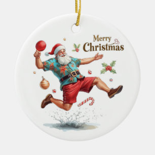 Adorno De Cerámica Papá Noel jugando ping pong con una camisa hawaian