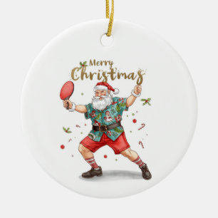Adorno De Cerámica Papá Noel jugando ping pong con una camisa hawaian