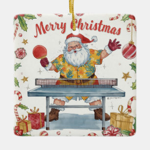 Adorno De Cerámica Papá Noel jugando ping pong con una camisa hawaian