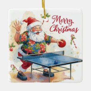 Adorno De Cerámica Papá Noel jugando ping pong con una camisa hawaian