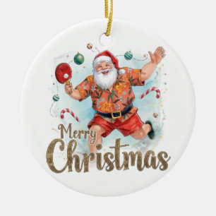Adorno De Cerámica Papá Noel jugando ping pong con una camisa hawaian