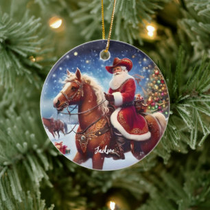 Adorno De Cerámica Papá Noel occidental montando a caballo Navidad