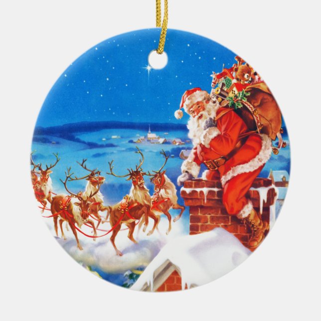 Adorno De Cerámica Papá Noel para arriba en el tejado en la nieve (Frente)