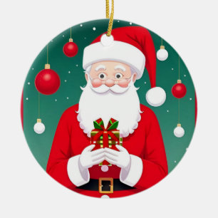 Adorno De Cerámica Papá Noel sosteniendo un regalo