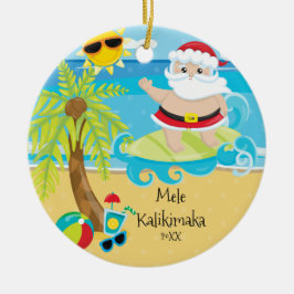 Adorno De Cerámica Papá Noel surfista bajo la palmera Navidad Hawaian