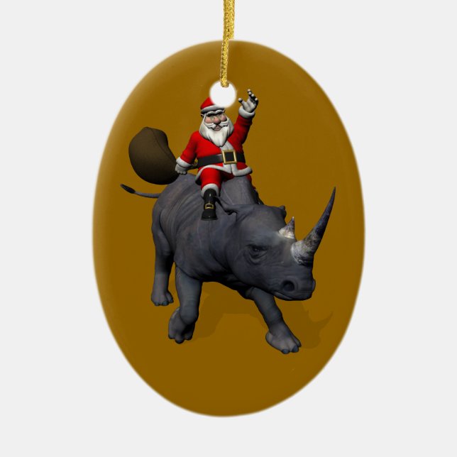 Adorno De Cerámica Papá Noel Viajando En Rhinoceros (Frente)