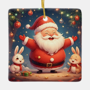 Adorno De Cerámica Papá Noel y dos conejos alegres