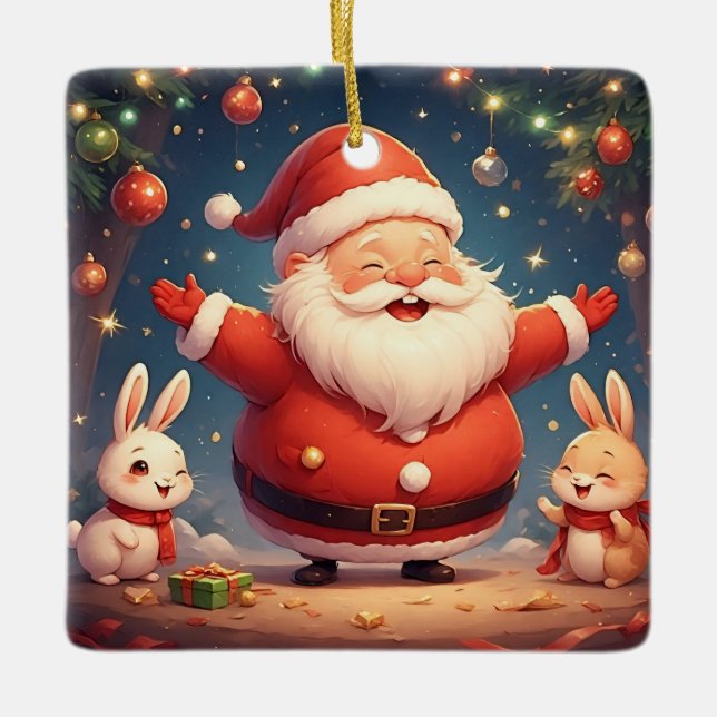 Adorno De Cerámica Papá Noel y dos conejos alegres (Anverso)