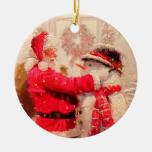 Adorno De Cerámica Papá Noel y muñeco de nieve