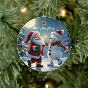 Adorno De Cerámica Papá Noel y muñeco de nieve lindos bailando sobre