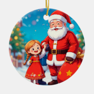 Adorno De Cerámica Papá Noel y niña con una bolsa de regalos
