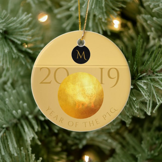 Adorno De Cerámica Papel de cerdo chino dorado 2019 Monograma O (Árbol)