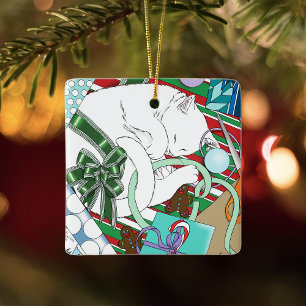 Adorno De Cerámica Papel de Regalo de Navidad de Gato Blanco Dormido