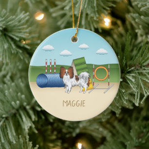 Adorno De Cerámica Papillon rojo Agility Dog con nombre personalizado