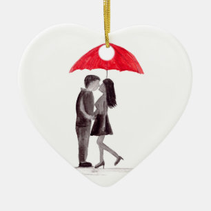Adorno De Cerámica Paraguas rojos pareja enamorada acuarela