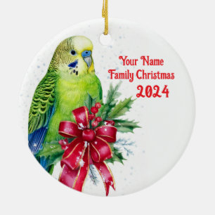Adorno De Cerámica Parakeet y Navidades Bow