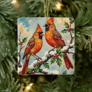 Adorno De Cerámica Pare de cardenales vintage en rama de acebo nevada
