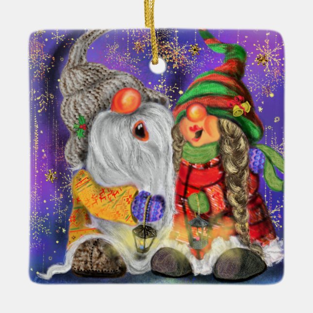 Adorno De Cerámica Pareja abrazó a los gnomos cantando canción feliz  (Anverso)