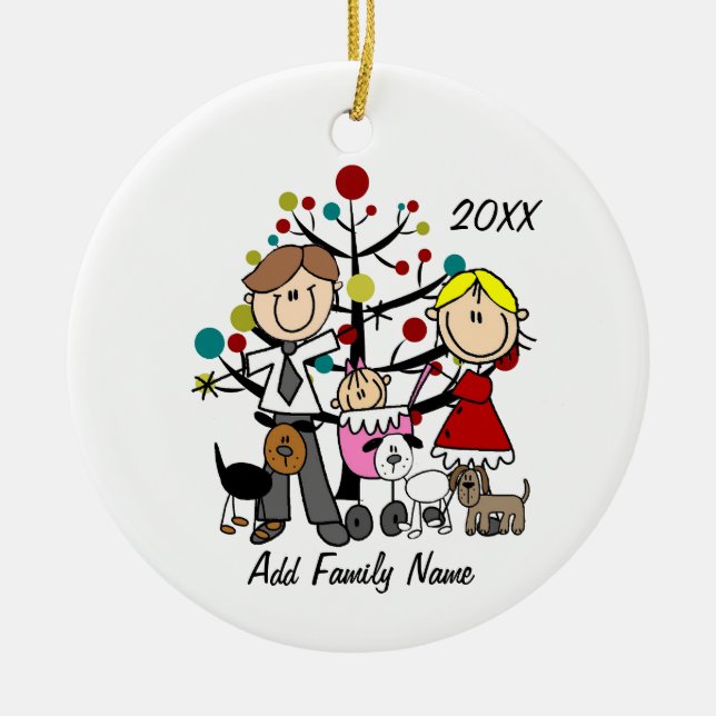 Adorno De Cerámica Pareja con niña bebé tres perros (Frente)