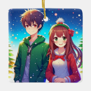 Adorno De Cerámica Pareja de Anime Lindo en Navidad