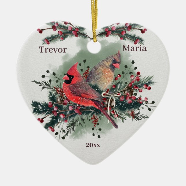 Adorno De Cerámica Pareja de cardenales, primeros Navidades juntos (Frente)